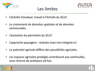 Les limites
• L’échelle d’analyse: travail à l’échelle du SCoT.

• Le croisement de données spatiales et de données
  communales.

• L’évolution du périmètre du SCoT.

• L’approche paysagère : réalisée mais non intégrée ici.

• Le potentiel agricole diffère des possibilités agricoles.

• Les espaces agricoles protégés contribuent aux continuités,
  sous réserve de pratiques ad hoc.
 