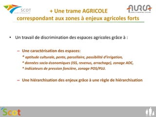 + Une trame AGRICOLE
   correspondant aux zones à enjeux agricoles forts


• Un travail de discrimination des espaces agricoles grâce à :

    – Une caractérisation des espaces:
      * aptitude culturale, pente, parcellaire, possibilité d’irrigation,
       * données socio-économiques (ISS, revenus, arrachage), zonage AOC,
       * indicateurs de pression foncière, zonage POS/PLU.


    – Une hiérarchisation des enjeux grâce à une règle de hiérarchisation
 
