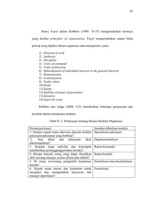63
Henry Fayol dalam Robbins (1990: 35-37) mengemukakan teorinya
yang disebut principles of organization. Fayol mengemukakan empat belas
prinsip yang dipakai dalam organisasi atau manajemen, yaitu:
1) Division of work
2) Authority
3) Discipline
4) Unity of command
5) Unity of direction
6) Subordination of individual interests to the general interests
7) Remuneration
8) Centralization
9) Scalar chain
10) Order
11) Equity
12) Stability of tenure of personnel
13) Initiative
14) Esprit de corps
Robbins dan Judge (2008: 215) memberikan beberapa pertanyaan dan
jawaban dalam mendesain struktur:
Tabel II. 2. Pertanyaan tentang Desain Struktur Organisasi
Pertanyaan kunci Jawaban diberikan melalui
1. Sampai sejauh mana aktivitas dipecah melalui
pekerjaan-pekerjaan yang berbeda?
Spesialisasi pekerjaan
2. Atas dasar apa pekerjaan akan
dikelompokkan?
Departementalisasi
3. Kepada siapa individu dan kelompok
memberikan pertanggungjawaban mereka?
Rantai komando
4. Berapa banyak orang yang dapat diarahkan
oleh seorang manajer secara efisien dan efektif?
Rantai kendali
5. Di mana wewenang pengambil keputusan
berada?
Sentralisasi atau desentralisasi
6. Sejauh mana aturan dan ketentuan untuk
mengatur dan mengarahkan karyawan dan
manajer diperlukan?
Formalisasi
 