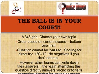 THE BALL IS IN YOUR
COURT!
•A 3x3 grid. Choose your own topic.
•Order based on current scores – bottom

one first!
•Question cannot be „passed‟. Scoring for
direct try: +20/-10. No negatives if you
don‟t attempt.
•However other teams can write down
their answers if the team attempting the
question directly answers wrong or forfeits

 