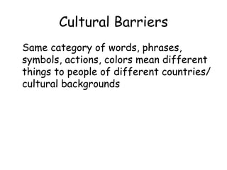 Cultural Barriers Same category of words, phrases, symbols, actions, colors mean different things to people of different countries/cultural backgrounds 