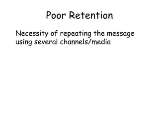 Poor Retention Necessity of repeating the message using several channels/media 