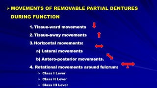  Class I Lever
 Class II Lever
 Class III Lever
1.Tissue-ward movements
2.Tissue-away movements
3.Horizontal movements:
a) Lateral movements
b) Antero-posterior movements.
4. Rotational movements around fulcrum:
 MOVEMENTS OF REMOVABLE PARTIAL DENTURES
DURING FUNCTION
 