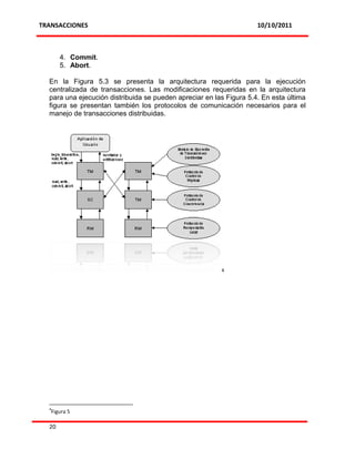 TRANSACCIONES                                                        10/10/2011



       4. Commit.
       5. Abort.

  En la Figura 5.3 se presenta la arquitectura requerida para la ejecución
  centralizada de transacciones. Las modificaciones requeridas en la arquitectura
  para una ejecución distribuida se pueden apreciar en las Figura 5.4. En esta última
  figura se presentan también los protocolos de comunicación necesarios para el
  manejo de transacciones distribuidas.




                                                         4




  4
   Figura 5

  20
 