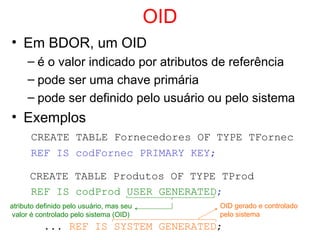 OID
• Em BDOR, um OID
– é o valor indicado por atributos de referência
– pode ser uma chave primária
– pode ser definido pelo usuário ou pelo sistema
• Exemplos
CREATE TABLE Fornecedores OF TYPE TFornec
REF IS codFornec PRIMARY KEY;
CREATE TABLE Produtos OF TYPE TProd
REF IS codProd USER GENERATED;
... REF IS SYSTEM GENERATED;
atributo definido pelo usuário, mas seu
valor é controlado pelo sistema (OID)
OID gerado e controlado
pelo sistema
 
