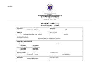 BE Form 7
Republic of the Philippines
Department of Education
Region IX
SCHOOLS DIVISION OF ZAMBOANGA SIBUGAY
BULAWAN NATIONAL HIGH SCHOOL
Bulawan, Payao, Zamboanga Sibugay
School Year: 2023 – 2024
BRIGADA ESKWELA ‘23
ACCOMPLISHMENT REPORT
DIVISION:
Zamboanga Sibugay
REGION:
IX
SCHOOL:
Bulawan National High School
SCHOOL ID:
303858
SCHOOL ADDRESS:
Bulawan, Payao, Zamboanga Sibugay
(Please check appropriate box)
Grade Level: Section:
Grade 7 Grade 10
__________________________________
Grade 8 Grade 11
Grade 9 Grade 12
SCHOOL HEAD:
Rolando T. Chavez
CONTACT NO.:
09069345901
TEACHER:
Oliver J. Empinado
CONTACT NO.:
 