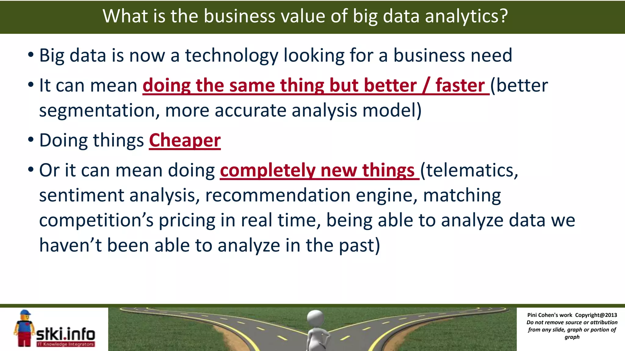 What is the business value of big data analytics?
• Big data is now a technology looking for a business need
• It can mean doing the same thing but better / faster (better
segmentation, more accurate analysis model)
• Doing things Cheaper
• Or it can mean doing completely new things (telematics,
sentiment analysis, recommendation engine, matching
competition’s pricing in real time, being able to analyze data we
haven’t been able to analyze in the past)
Pini Cohen's work Copyright@2013
Do not remove source or attribution
from any slide, graph or portion of
graph
 