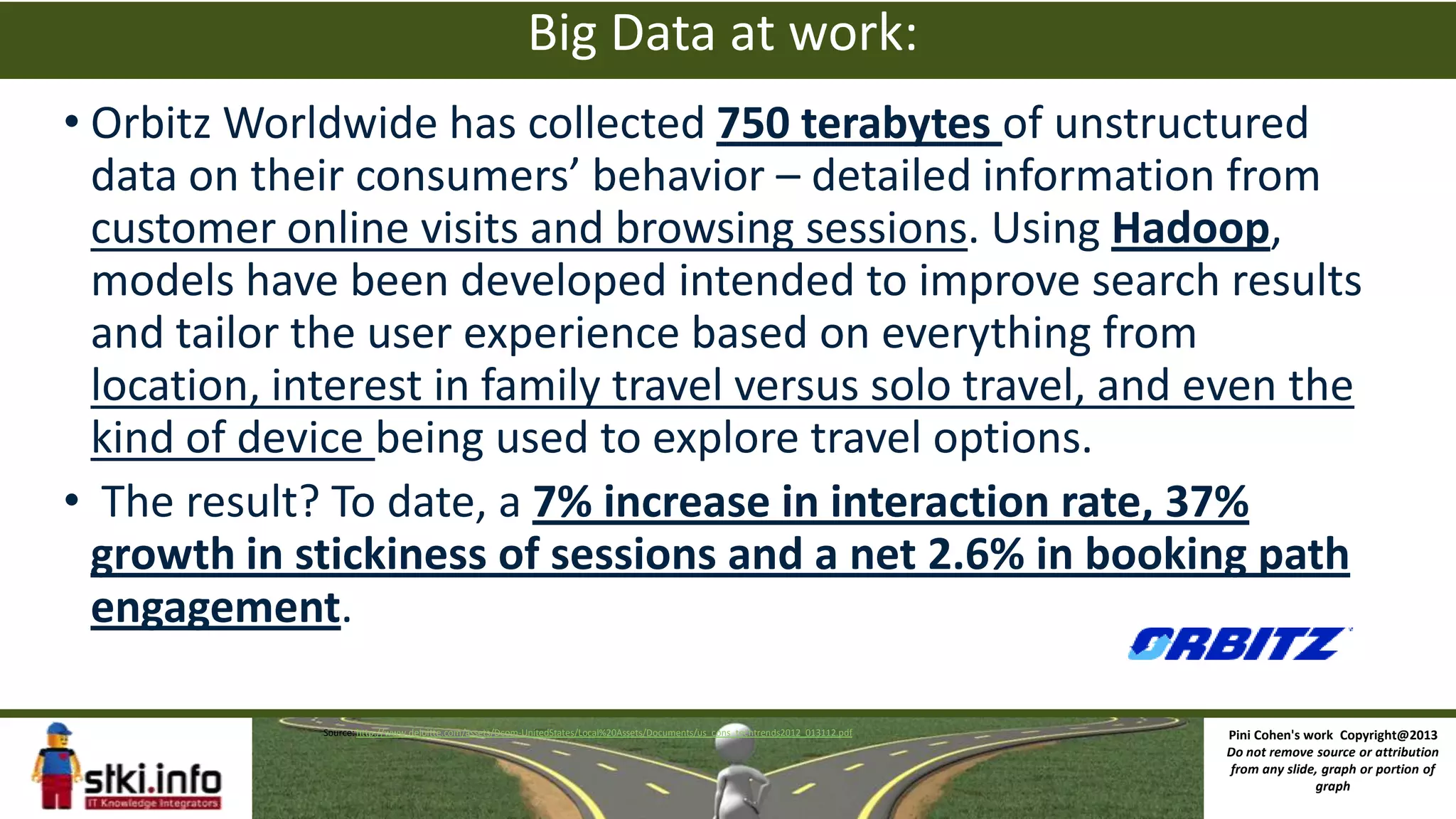 Big Data at work:
• Orbitz Worldwide has collected 750 terabytes of unstructured
data on their consumers’ behavior – detailed information from
customer online visits and browsing sessions. Using Hadoop,
models have been developed intended to improve search results
and tailor the user experience based on everything from
location, interest in family travel versus solo travel, and even the
kind of device being used to explore travel options.
• The result? To date, a 7% increase in interaction rate, 37%
growth in stickiness of sessions and a net 2.6% in booking path
engagement.
Source: http://www.deloitte.com/assets/Dcom-UnitedStates/Local%20Assets/Documents/us_cons_techtrends2012_013112.pdf Pini Cohen's work Copyright@2013
Do not remove source or attribution
from any slide, graph or portion of
graph
 