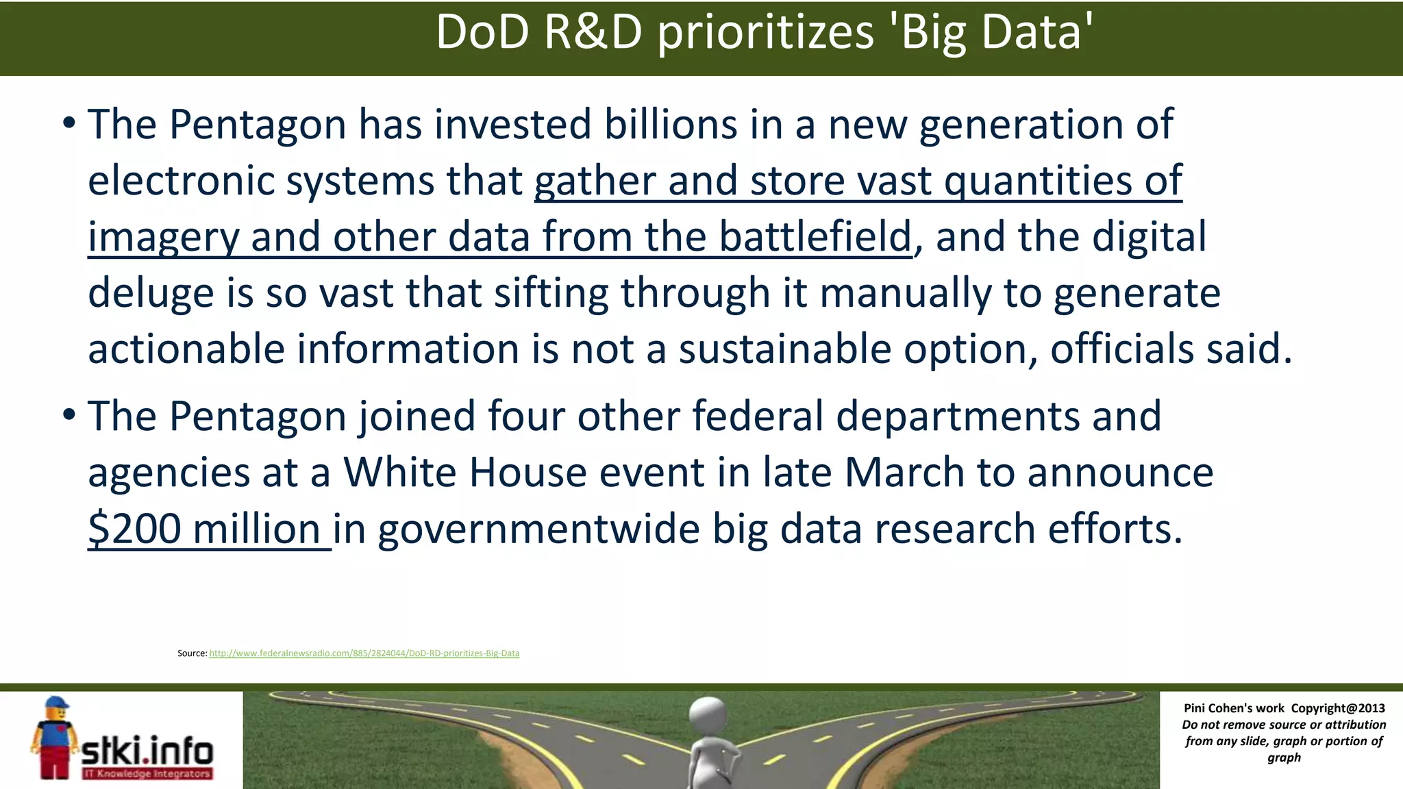 DoD R&D prioritizes 'Big Data'
• The Pentagon has invested billions in a new generation of
electronic systems that gather and store vast quantities of
imagery and other data from the battlefield, and the digital
deluge is so vast that sifting through it manually to generate
actionable information is not a sustainable option, officials said.
• The Pentagon joined four other federal departments and
agencies at a White House event in late March to announce
$200 million in governmentwide big data research efforts.
Source: http://www.federalnewsradio.com/885/2824044/DoD-RD-prioritizes-Big-Data
Pini Cohen's work Copyright@2013
Do not remove source or attribution
from any slide, graph or portion of
graph
 