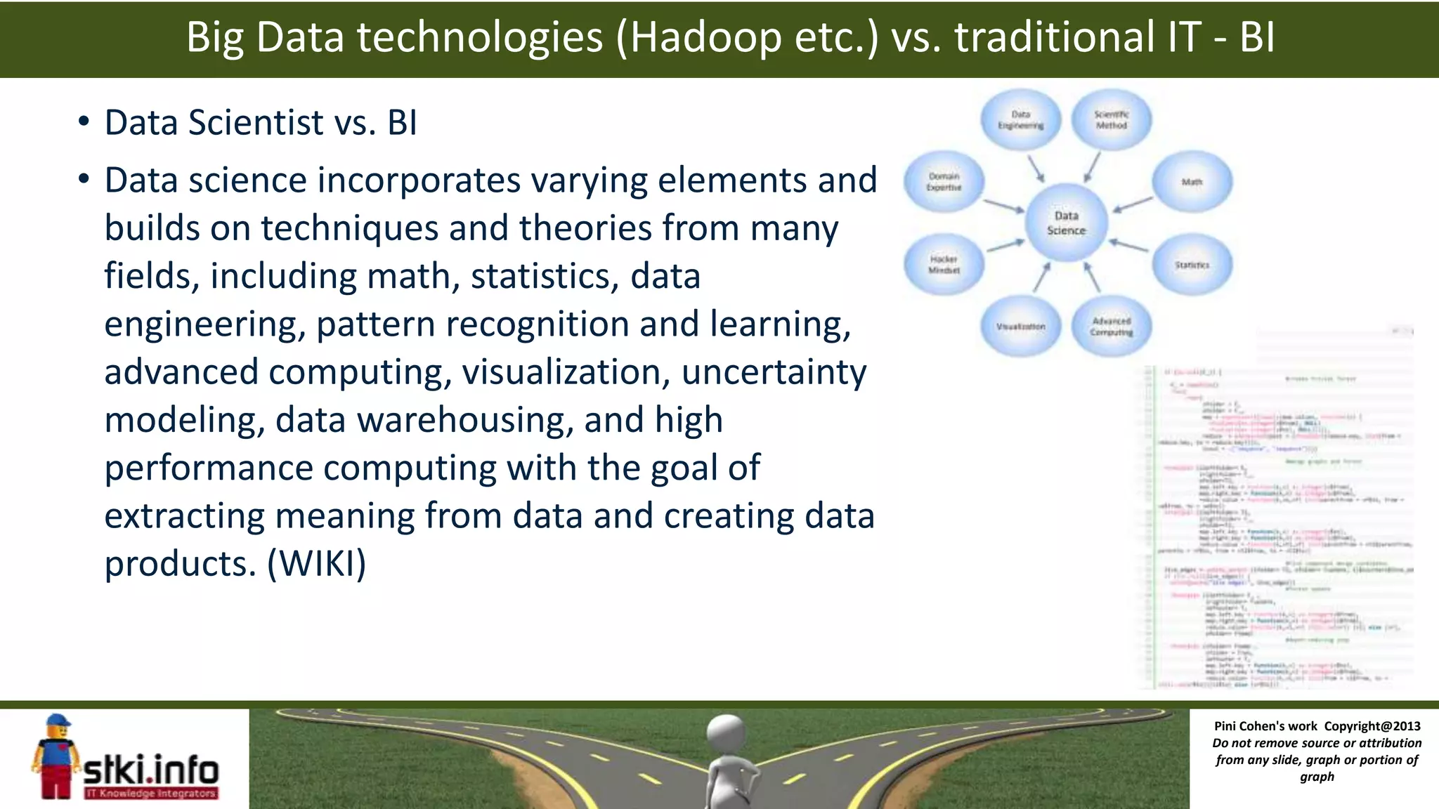 Big Data technologies (Hadoop etc.) vs. traditional IT - BI
• Data Scientist vs. BI
• Data science incorporates varying elements and
builds on techniques and theories from many
fields, including math, statistics, data
engineering, pattern recognition and learning,
advanced computing, visualization, uncertainty
modeling, data warehousing, and high
performance computing with the goal of
extracting meaning from data and creating data
products. (WIKI)
Pini Cohen's work Copyright@2013
Do not remove source or attribution
from any slide, graph or portion of
graph
 