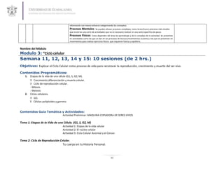 información con menos esfuerzo categorizando los conceptos.
                                        Procesos Mentales: Se pueden alinear procesos complejos, como la escritura y procesos más simples
                                        que encierran una serie de actividades que no es necesario realizar en una serie especifica de pasos.
                                        Procesos Físicos: Estos dependen del área de aprendizaje y de lo complejo de la actividad. Se presentan
                                        en actividades como las que se dan en los procesos de lectura (movimientos oculares) a las que se presentan en
                                        movimientos para realizar ejercicios físicos que requieren fuerza y equilibrio.


Nombre del Módulo
Modulo 3: “Ciclo celular
Semana 11, 12, 13, 14 y 15: 10 sesiones (de 2 hrs.)
Objetivos: Explicar el Ciclo Celular como proceso de vida para reconocer la reproducción, crecimiento y muerte del ser vivo.

Contenidos Programáticos:
   1. Etapas de la vida de una célula (G1, S, G2, M).
       Crecimiento diferenciación y muerte celular.
       Ciclo de reproducción celular.
      - Mitosis.
      - Meiosis.
   2. Ciclos celulares.
       GO.
       Células poliploides y gameto


Contenidos Guía Temática y Actividades:
                         Actividad Preliminar: MAQUINA COPIADORA DE SERES VIVOS

Tema 1: Etapas de la Vida de una Célula. (G1, S, G2, M)
                                  Actividad 1: Etapas de la vida celular
                                  Actividad 2: El núcleo celular
                                  Actividad 3: Ciclo Celular Anormal y el Cáncer.

Tema 2: Ciclo de Reproducción Celular.
                                Tu cuerpo en tu Historia Personal.



                                                                                     11
 