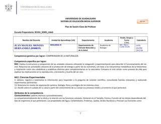 UNIVERSIDAD DE GUADALAJARA
                                                     SISTEMA DE EDUCACIÓN MEDIA SUPERIOR                                                          PCP-VII


                                                           Plan de Sesión-Clase del Profesor

Escuela Preparatoria: RCIHU_SEMS_UdeG

                                                                                                                           Grado, Grupo y
         Nombre del Docente                Unidad de Aprendizaje (UA)           Departamento            Academia               Turno          Calendario
                                                                                                                               (CRN)
JUAN MANUEL MONTES                       BIOLOGIA II                      Departamento de          Academia de            NRC 78613          ciclo
                                                                                                                          CLAVE I0140
HERNANDEZ (8500835)                                                       Ciencias Naturales y     Biología                                  escolar
                                                                          de la Salud                                                        2012-B

Competencia genérica por lograr: COMPRENSION DE LA NATURALEZA

Competencia específica por lograr:
BGC: Explica la estructura y composición de las unidades celulares utilizando la indagación y experimentación para describir el funcionamiento del ser
vivo. Relaciona las actividades celulares de la producción de energía a partir de los nutrientes, con base a los mecanismos metabólicos de la fotosíntesis
y respiración como vías catabólicas y anabólicas distintas pero complementarias en la naturaleza. Compara el ciclo celular como proceso de vida para
explicar las implicaciones en la reproducción, crecimiento y muerte del ser vivo.

MCC: Ciencias Experimentales
4. obtiene, registra y sistematiza la información para responder a la pregunta de carácter científico, consultando fuentes relevantes y realizando
experimentos pertinentes.
13. Relaciona los niveles de organización química, biología, física y ecológica de los sistemas vivos.
12. Decide sobre el cuidado de su salud a partir del conocimiento de su cuerpo sus procesos vitales y al entorno al que pertenece.

Atributos de la competencia
Conocimientos (saberes teóricos y procedimentales).
La compartamentalización de la célula y la relación con las funciones celulares. Variación en el Tamaño, Forma y Función de las células dependiendo del
tipo de organismo al que pertenecen. Las propiedades del Agua, Carbohidratos, Proteínas, Lípidos, Ácidos Nucleicos y Precisan sus funciones como




                                                                            2
 