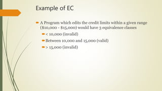 Example of EC
 A Program which edits the credit limits within a given range
($10,000 - $15,000) would have 3 equivalence classes
< 10,000 (invalid)
Between 10,000 and 15,000 (valid)
> 15,000 (invalid)
 