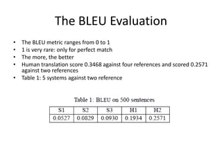 The BLEU Evaluation
• The BLEU metric ranges from 0 to 1
• 1 is very rare: only for perfect match
• The more, the better
•...