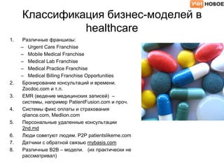 Классификация бизнес-моделей в
healthcare
1. Различные франшизы:
– Urgent Care Franchise
– Mobile Medical Franchise
– Medical Lab Franchise
– Medical Practice Franchise
– Medical Billing Franchise Opportunities
2. Бронирование консультаций и времени.
Zocdoc.com и т.п.
3. EMR (ведение медицинских записей) –
системы, например PatientFusion.com и проч.
4. Системы фикс оплаты и страхования
qliance.com, Medlion.com
5. Персональные удаленные консультации
2nd.md
6. Люди советуют людям. P2P patientslikeme.com
7. Датчики с обратной связью mybasis.com
8. Различные B2B – модели. (их практически не
рассматривал)
 
