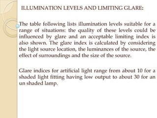 ILLUMINATION LEVELS AND LIMITING GLARE:
The table following lists illumination levels suitable for a
range of situations: the quality of these levels could be
influenced by glare and an acceptable limiting index is
also shown. The glare index is calculated by considering
the light source location, the luminances of the source, the
effect of surroundings and the size of the source.
Glare indices for artificial light range from about 10 for a
shaded light fitting having low output to about 30 for an
un shaded lamp.

 