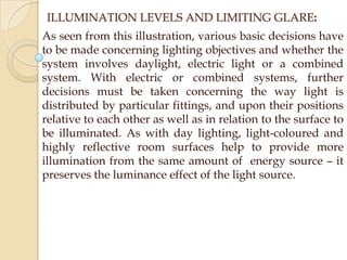 ILLUMINATION LEVELS AND LIMITING GLARE:
As seen from this illustration, various basic decisions have
to be made concerning lighting objectives and whether the
system involves daylight, electric light or a combined
system. With electric or combined systems, further
decisions must be taken concerning the way light is
distributed by particular fittings, and upon their positions
relative to each other as well as in relation to the surface to
be illuminated. As with day lighting, light-coloured and
highly reflective room surfaces help to provide more
illumination from the same amount of energy source – it
preserves the luminance effect of the light source.

 