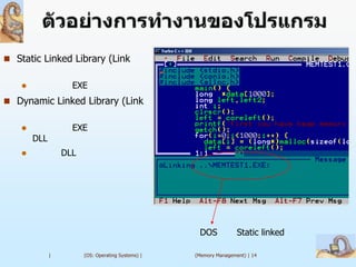  Static Linked Library (Link

                   EXE
 Dynamic Linked Library (Link

                   EXE
        DLL
                 DLL




                                                     DOS            Static linked

              |         (OS: Operating Systems) |   (Memory Management) | 14
 