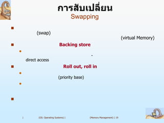 Swapping

                  (swap)
                                                                                  (virtual Memory)
                                     Backing store
    
                                                        -
            direct access
                                         Roll out, roll in
    
                                     (priority base)
    







        |          (OS: Operating Systems) |           (Memory Management) | 19
 