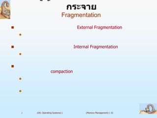 Fragmentation
                                    External Fragmentation
    


                                   Internal Fragmentation
    



                     compaction
    


    




    |   (OS: Operating Systems) |         (Memory Management) | 32
 