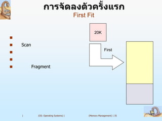 First Fit

                                                     20K

   Scan
                                                            First


          Fragment




    |        (OS: Operating Systems) |         (Memory Management) | 35
 