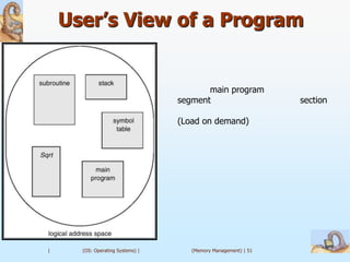 User’s View of a Program


                                         main program
                                  segment                       section

                                  (Load on demand)




|     (OS: Operating Systems) |      (Memory Management) | 51
 
