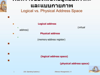 Logical vs. Physical Address Space


                                   Logical address
                                                                               (virtual
            address)
                                          Physical address
        
                                    (memory-address register)





                                           (logical address space)

                                                              (physical address space)


    |          (OS: Operating Systems) |              (Memory Management) | 9
 