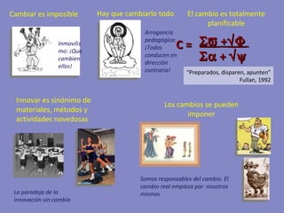 Cambiar es imposible Hay que cambiarlo todo El cambio es totalmente planificable “ Preparados, disparen, apunten” Fullan, 1992 Innovar es sinónimo de materiales, métodos y actividades novedosas La paradoja de la innovación sin cambio Los cambios se pueden imponer Somos responsables del cambio. El cambio real empieza por  nosotros mismos Arrogancia pedagógica: ¡Todos conducen en dirección contraria! Inmovilismo: ¡Que cambien ellos!    +       +   C = 