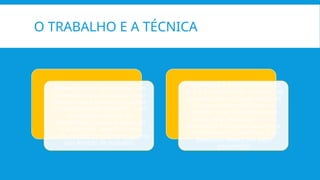 O TRABALHO E A TÉCNICA
Técnica é criar um manejo, um
conhecimento que possa gerar
inventos com intuito de facilitar
um determinado trabalho. Com
as relações sociais de
experiências ocorre a evolução
das técnicas, que seria um
acúmulo de conhecimento acerca
das formas de trabalho.
Tecnologia é a técnica evoluída,
que é fruto de ideias oriundas do
passado que ao longo dos anos
foram sendo modificadas e
aprimoradas, principalmente
após 1970, início da terceira
Revolução Industrial, quando o
conhecimento científico e a
pesquisa deram um salto
gigantesco.
 