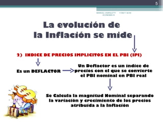 La evolución de  la Inflación se mide 2)  INDICE DE PRECIOS IMPLICITOS EN EL PBI (IPI) Es un DEFLACTOR Un Deflactor es un índice de precios con el que se convierte el PBI nominal en PBI real MARICEL VAIROLETTI ECONOMÍA III  17/09/11   22:30 Se Calcula la magnitud Nominal separando la variación y crecimiento de los precios atribuida a la Inflación 