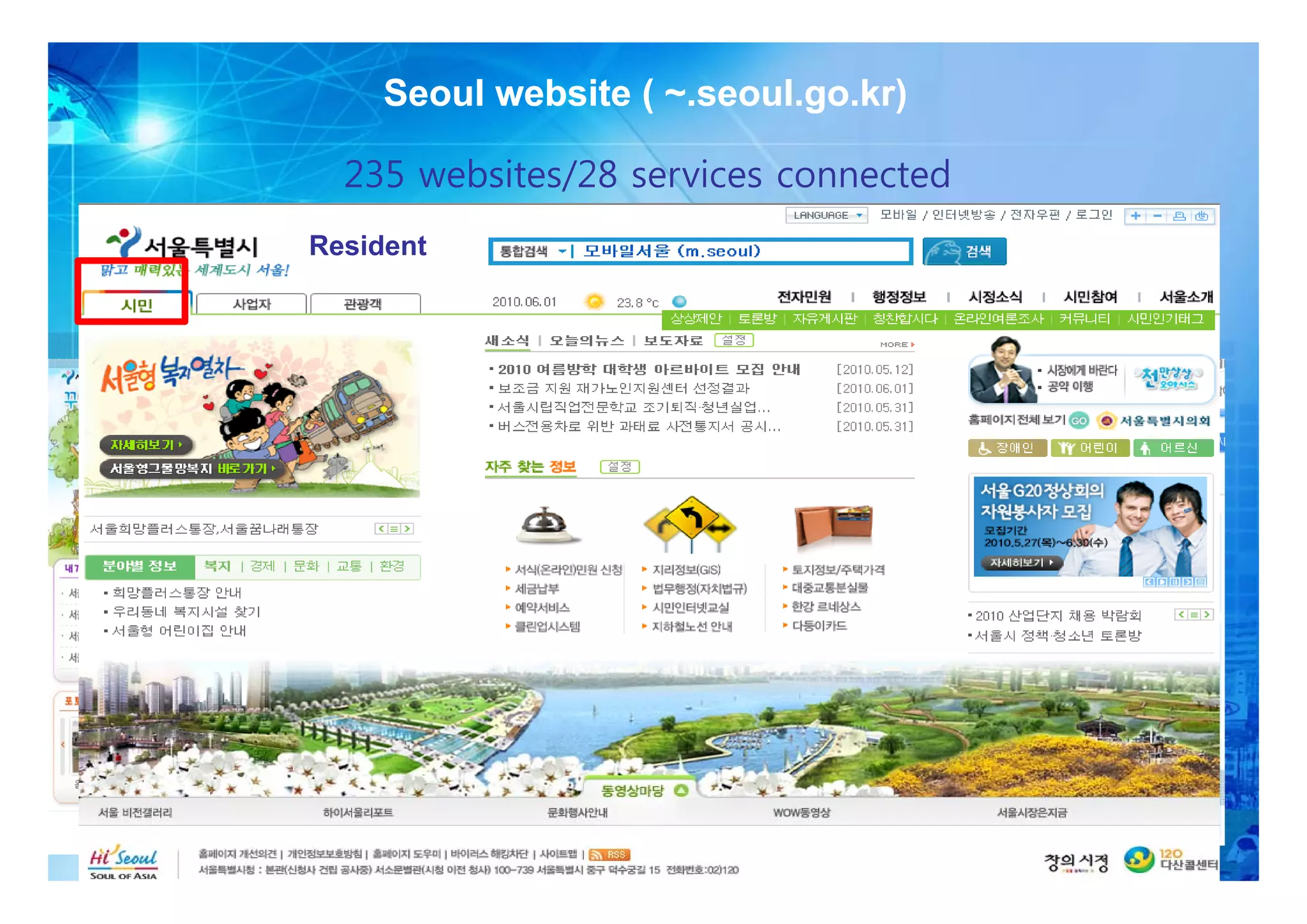 Seoul website ( ~.seoul.go.kr)
                                                 ~.seoul.go.kr)

                             235 websites/28 services connected
                          Resident                              My Seoul
                        Target portals      Service menu mix
                                                               My Application
                   (kid/,woman, disabled,   Using AJAX,RSS     My Reservation
                        senior citizen)      Open API (map)
Kids Portal Site




                                                                                My Page

                                                                                          7
 