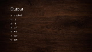 Output
n n cubed
1 1
2 8
3 27
4 64
5 125
6 216
 