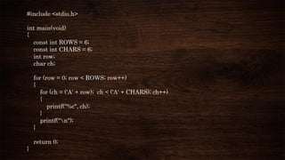 #include <stdio.h>
int main(void)
{
const int ROWS = 6;
const int CHARS = 6;
int row;
char ch;
for (row = 0; row < ROWS; row++)
{
for (ch = ('A' + row); ch < ('A' + CHARS); ch++)
{
printf("%c", ch);
}
printf("n");
}
return 0;
}
 