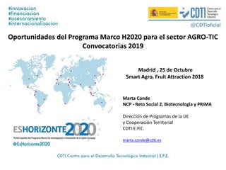 Oportunidades del Programa Marco H2020 para el sector AGRO-TIC
Convocatorias 2019
Madrid , 25 de Octubre
Smart Agro, Fruit...