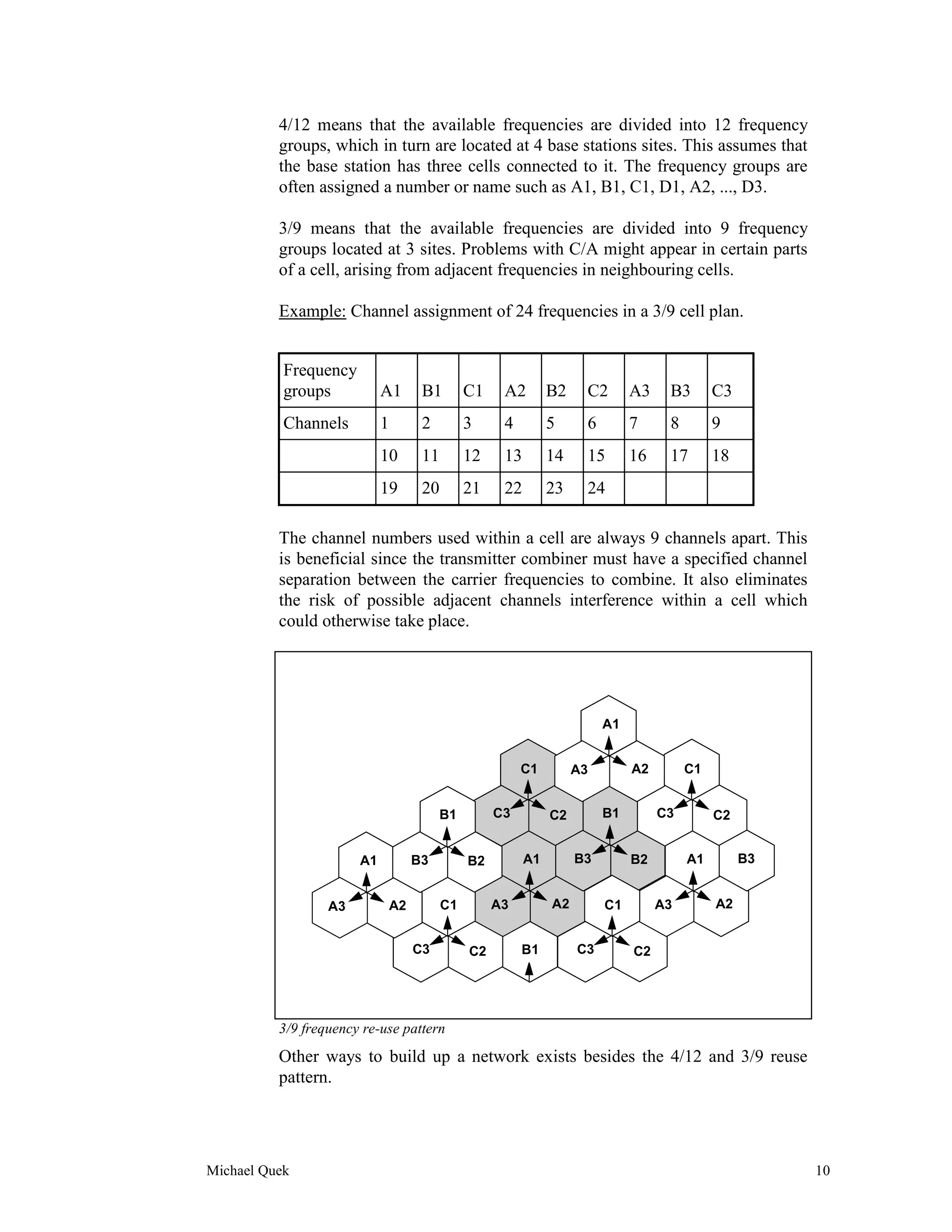 4/12 means that the available frequencies are divided into 12 frequency
          groups, which in turn are located at 4 base stations sites. This assumes that
          the base station has three cells connected to it. The frequency groups are
          often assigned a number or name such as A1, B1, C1, D1, A2, ..., D3.

          3/9 means that the available frequencies are divided into 9 frequency
          groups located at 3 sites. Problems with C/A might appear in certain parts
          of a cell, arising from adjacent frequencies in neighbouring cells.

          Example: Channel assignment of 24 frequencies in a 3/9 cell plan.


           Frequency
           groups           A1        B1        C1    A2        B2    C2       A3    B3       C3
           Channels         1         2         3     4         5     6        7     8        9
                            10        11        12    13        14    15       16    17       18
                            19        20        21    22        23    24

          The channel numbers used within a cell are always 9 channels apart. This
          is beneficial since the transmitter combiner must have a specified channel
          separation between the carrier frequencies to combine. It also eliminates
          the risk of possible adjacent channels interference within a cell which
          could otherwise take place.




                                                                          A1


                                                          C1         A3        A2        C1


                                           B1        C3         C2        B1        C3        C2


                       A1            B3         B2         A1        B3        B2        A1        B3


                  A3            A2         C1        A3         A2        C1        A3        A2


                                     C3         C2        B1         C3        C2




          3/9 frequency re-use pattern
          Other ways to build up a network exists besides the 4/12 and 3/9 reuse
          pattern.




Michael Quek                                                                                            10
 