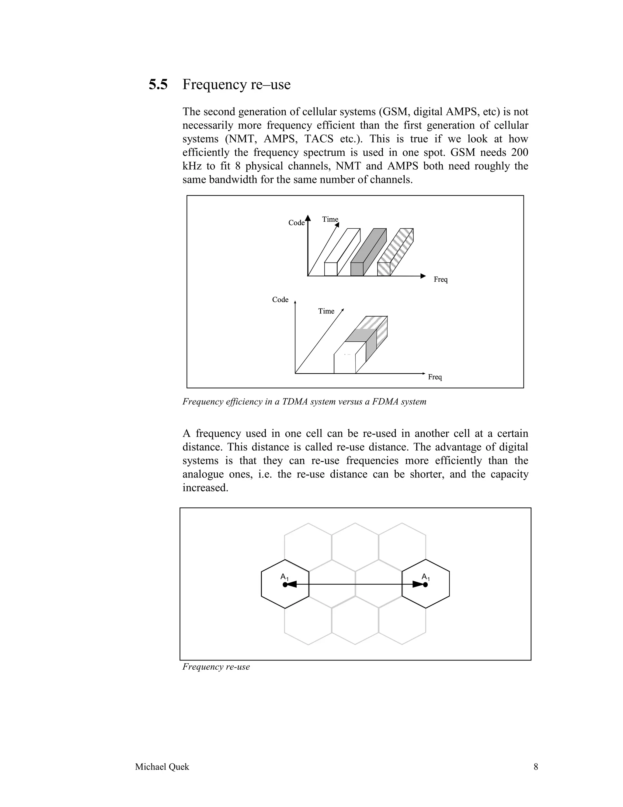 5.5 Frequency re–use
          The second generation of cellular systems (GSM, digital AMPS, etc) is not
          necessarily more frequency efficient than the first generation of cellular
          systems (NMT, AMPS, TACS etc.). This is true if we look at how
          efficiently the frequency spectrum is used in one spot. GSM needs 200
          kHz to fit 8 physical channels, NMT and AMPS both need roughly the
          same bandwidth for the same number of channels.


                                      Code   Time




                                                                        Freq

                               Code
                                             Time




                                                                       Freq


          Frequency efficiency in a TDMA system versus a FDMA system


          A frequency used in one cell can be re-used in another cell at a certain
          distance. This distance is called re-use distance. The advantage of digital
          systems is that they can re-use frequencies more efficiently than the
          analogue ones, i.e. the re-use distance can be shorter, and the capacity
          increased.




                                 A1                               A1




          Frequency re-use




Michael Quek                                                                            8
 