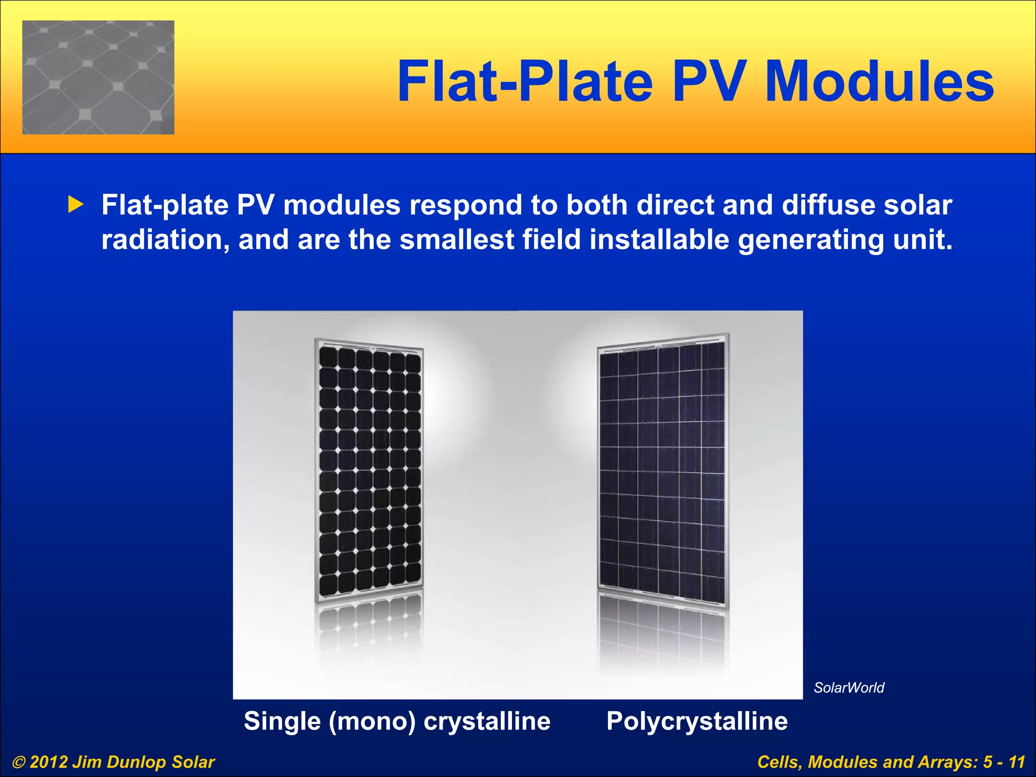  2012 Jim Dunlop Solar Cells, Modules and Arrays: 5 - 11
Flat-Plate PV Modules
 Flat-plate PV modules respond to both direct and diffuse solar
radiation, and are the smallest field installable generating unit.
Single (mono) crystalline Polycrystalline
SolarWorld
 