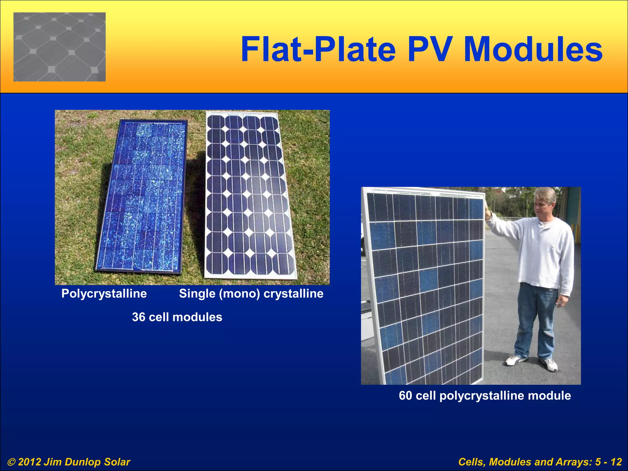  2012 Jim Dunlop Solar Cells, Modules and Arrays: 5 - 12
Flat-Plate PV Modules
Single (mono) crystallinePolycrystalline
36 cell modules
60 cell polycrystalline module
 