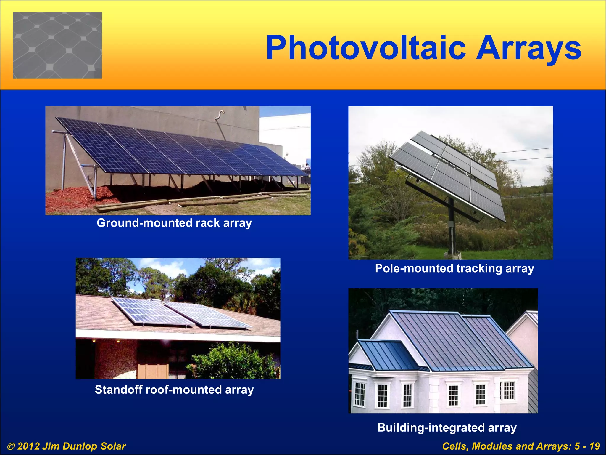  2012 Jim Dunlop Solar Cells, Modules and Arrays: 5 - 19
Photovoltaic Arrays
Ground-mounted rack array
Pole-mounted tracking array
Standoff roof-mounted array
Building-integrated array
 