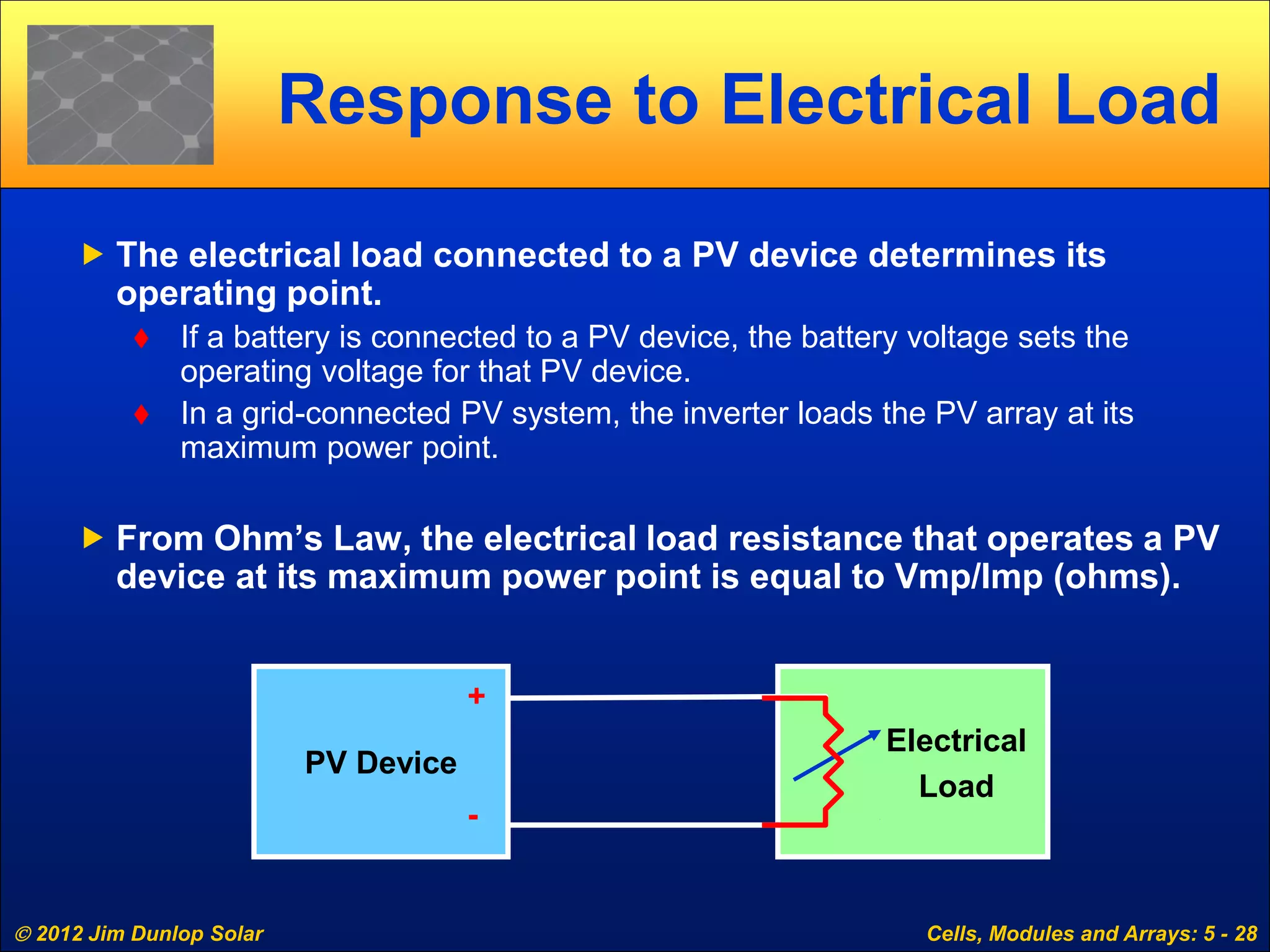  2012 Jim Dunlop Solar Cells, Modules and Arrays: 5 - 28
Response to Electrical Load
 The electrical load connected to a PV device determines its
operating point.
 If a battery is connected to a PV device, the battery voltage sets the
operating voltage for that PV device.
 In a grid-connected PV system, the inverter loads the PV array at its
maximum power point.
 From Ohm’s Law, the electrical load resistance that operates a PV
device at its maximum power point is equal to Vmp/Imp (ohms).
PV Device
+
-
Electrical
Load
 
