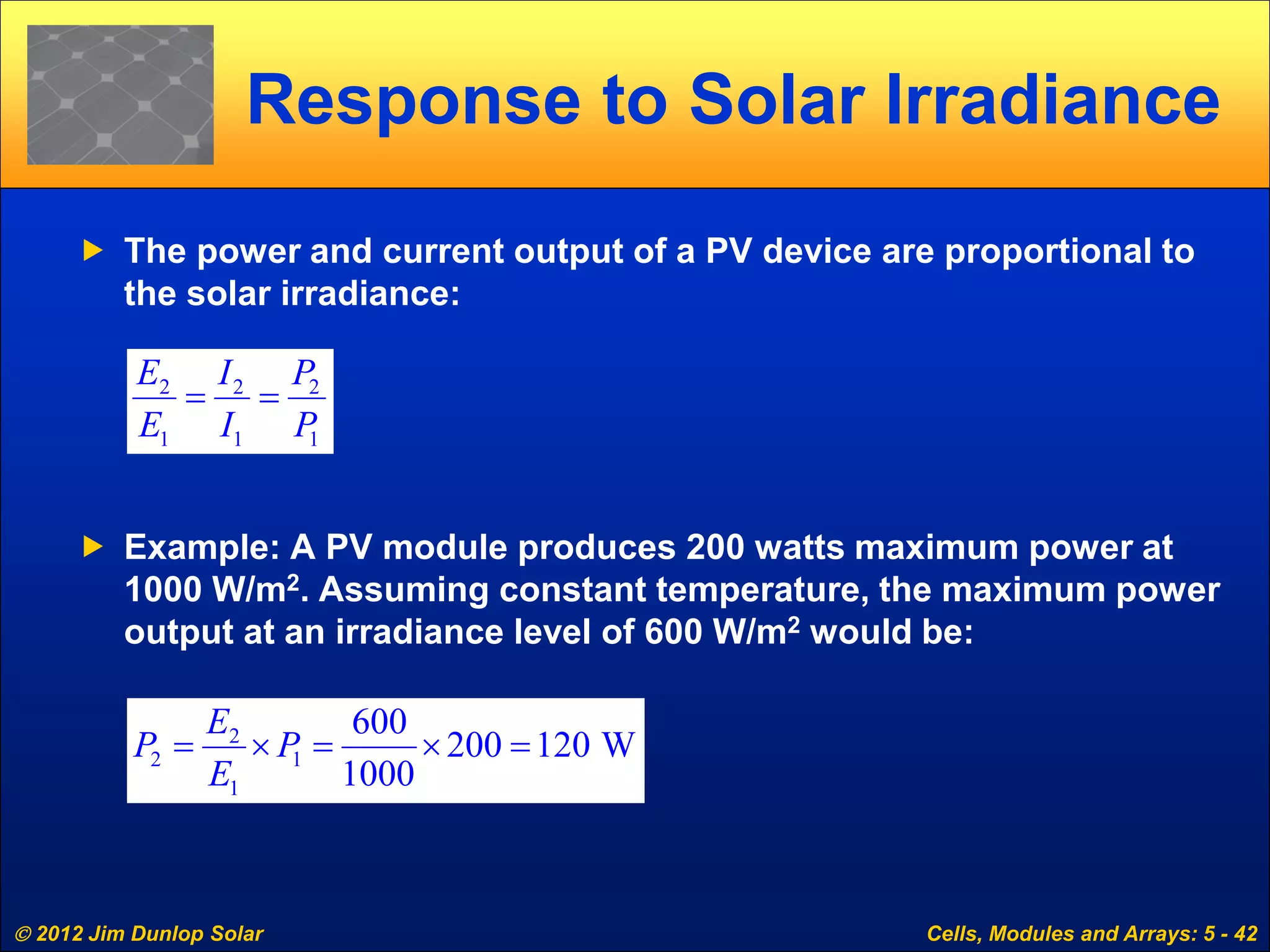  2012 Jim Dunlop Solar Cells, Modules and Arrays: 5 - 42
Response to Solar Irradiance
 The power and current output of a PV device are proportional to
the solar irradiance:
 Example: A PV module produces 200 watts maximum power at
1000 W/m2. Assuming constant temperature, the maximum power
output at an irradiance level of 600 W/m2 would be:
2 2 2
1 1 1
E I P
E I P
= =
2
2 1
1
600
200 120 W
1000
E
P P
E
= × = × =
 