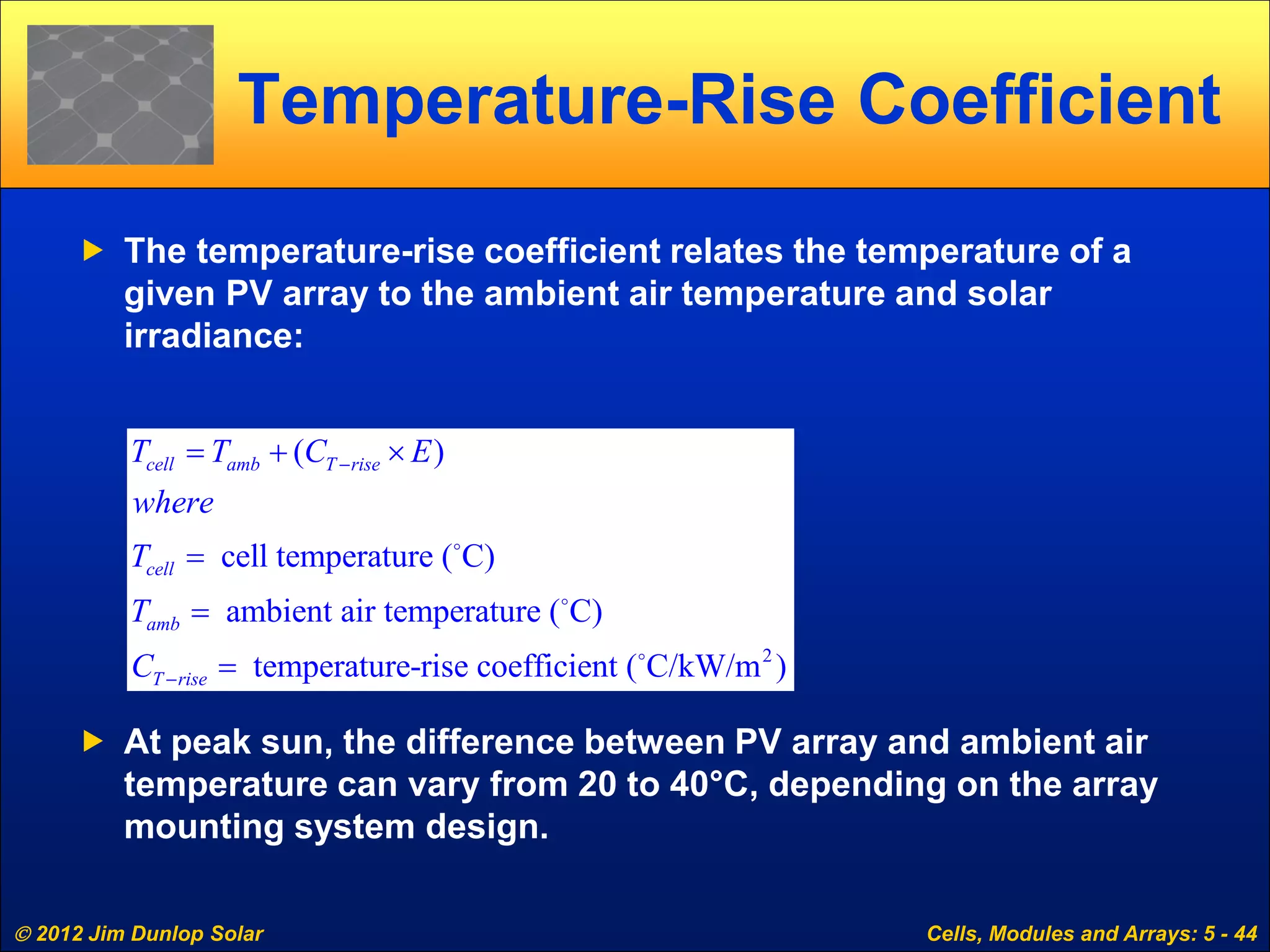  2012 Jim Dunlop Solar Cells, Modules and Arrays: 5 - 44
Temperature-Rise Coefficient
 The temperature-rise coefficient relates the temperature of a
given PV array to the ambient air temperature and solar
irradiance:
 At peak sun, the difference between PV array and ambient air
temperature can vary from 20 to 40°C, depending on the array
mounting system design.
2
( )
cell temperature ( C)
ambient air temperature ( C)
temperature-rise coefficient ( C/kW/m )
cell amb T rise
cell
amb
T rise
T T C E
where
T
T
C
−
−
= + ×
=
=
=



 