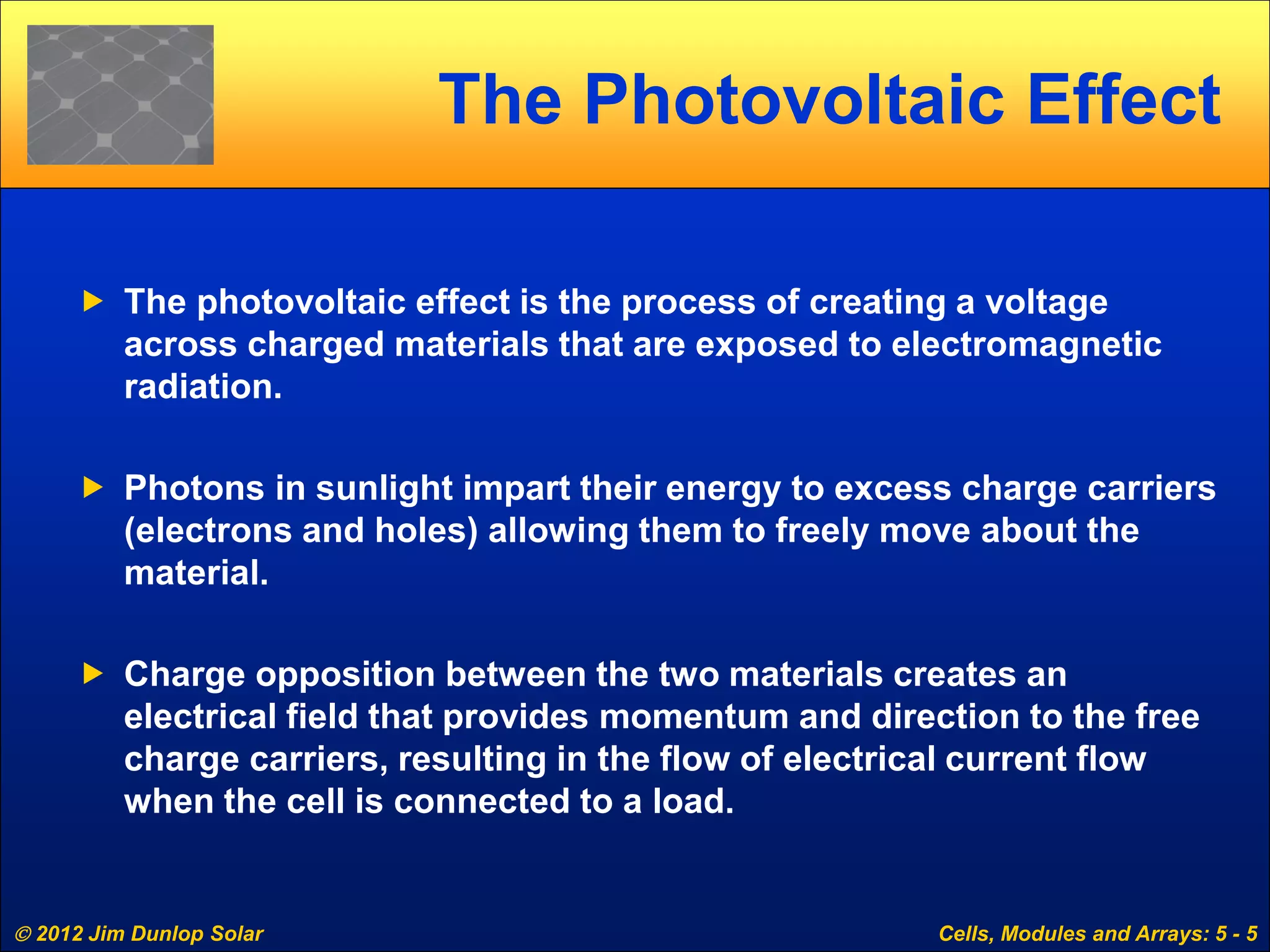  2012 Jim Dunlop Solar Cells, Modules and Arrays: 5 - 5
The Photovoltaic Effect
 The photovoltaic effect is the process of creating a voltage
across charged materials that are exposed to electromagnetic
radiation.
 Photons in sunlight impart their energy to excess charge carriers
(electrons and holes) allowing them to freely move about the
material.
 Charge opposition between the two materials creates an
electrical field that provides momentum and direction to the free
charge carriers, resulting in the flow of electrical current flow
when the cell is connected to a load.
 