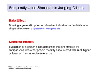Frequently Used Shortcuts in Judging OthersFrequently Used Shortcuts in Judging Others
Halo Effect
Drawing a general impression about an individual on the basis of a
single characteristic-appearance, intelligence etc.
Contrast Effects
Evaluation of a person’s characteristics that are affected by
comparisons with other people recently encountered who rank higher
or lower on the same characteristics
KDR University, PA Faculty, Organizational Behavior
Chapter-1, Lecture by: Barai Mobarez
 