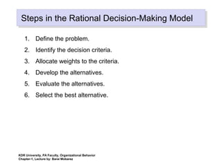 Steps in the Rational Decision-Making ModelSteps in the Rational Decision-Making Model
1. Define the problem.
2. Identify the decision criteria.
3. Allocate weights to the criteria.
4. Develop the alternatives.
5. Evaluate the alternatives.
6. Select the best alternative.
KDR University, PA Faculty, Organizational Behavior
Chapter-1, Lecture by: Barai Mobarez
 