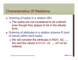 Characteristics Of RelationsCharacteristics Of Relations
Ordering of tuples in a relation r(R):Ordering of tuples in a relation r(R):
The tuples are not considered to be ordered,
even though they appear to be in the tabularg y pp
form.
Ordering of attributes in a relation schema R (andg (
of values within each tuple):
We will consider the attributes in R(A1, A2, ...,
An) and the values in t=<v1, v2, ..., vn> to be
ordered.
Copyright © 2007 Ramez Elmasri and Shamkant B. Navathe Slide 5- 14
 