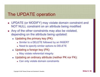 The UPDATE operationThe UPDATE operation
UPDATE (or MODIFY) may violate domain constraint and( ) y
NOT NULL constraint on an attribute being modified
Any of the other constraints may also be violated,
d di th tt ib t b i d t ddepending on the attribute being updated:
Updating the primary key (PK):
Similar to a DELETE followed by an INSERTy
Need to specify similar options to DELETE
Updating a foreign key (FK):
May violate referential integrityMay violate referential integrity
Updating an ordinary attribute (neither PK nor FK):
Can only violate domain constraints
Copyright © 2007 Ramez Elmasri and Shamkant B. Navathe Slide 5- 36
 