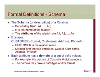 Formal Definitions SchemaFormal Definitions - Schema
The Schema (or description) of a Relation:( p )
Denoted by R(A1, A2, .....An)
R is the name of the relation
The attributes of the relation are A1 A2 AnThe attributes of the relation are A1, A2, ..., An
Example:
CUSTOMER (Cust-id, Cust-name, Address, Phone#)
CUSTOMER is the relation name
Defined over the four attributes: Cust-id, Cust-name,
Address, Phone#,
Each attribute has a domain or a set of valid values.
For example, the domain of Cust-id is 6 digit numbers.
The domain may have a data type and/or format
Copyright © 2007 Ramez Elmasri and Shamkant B. Navathe Slide 5- 7
The domain may have a data-type and/or format
 