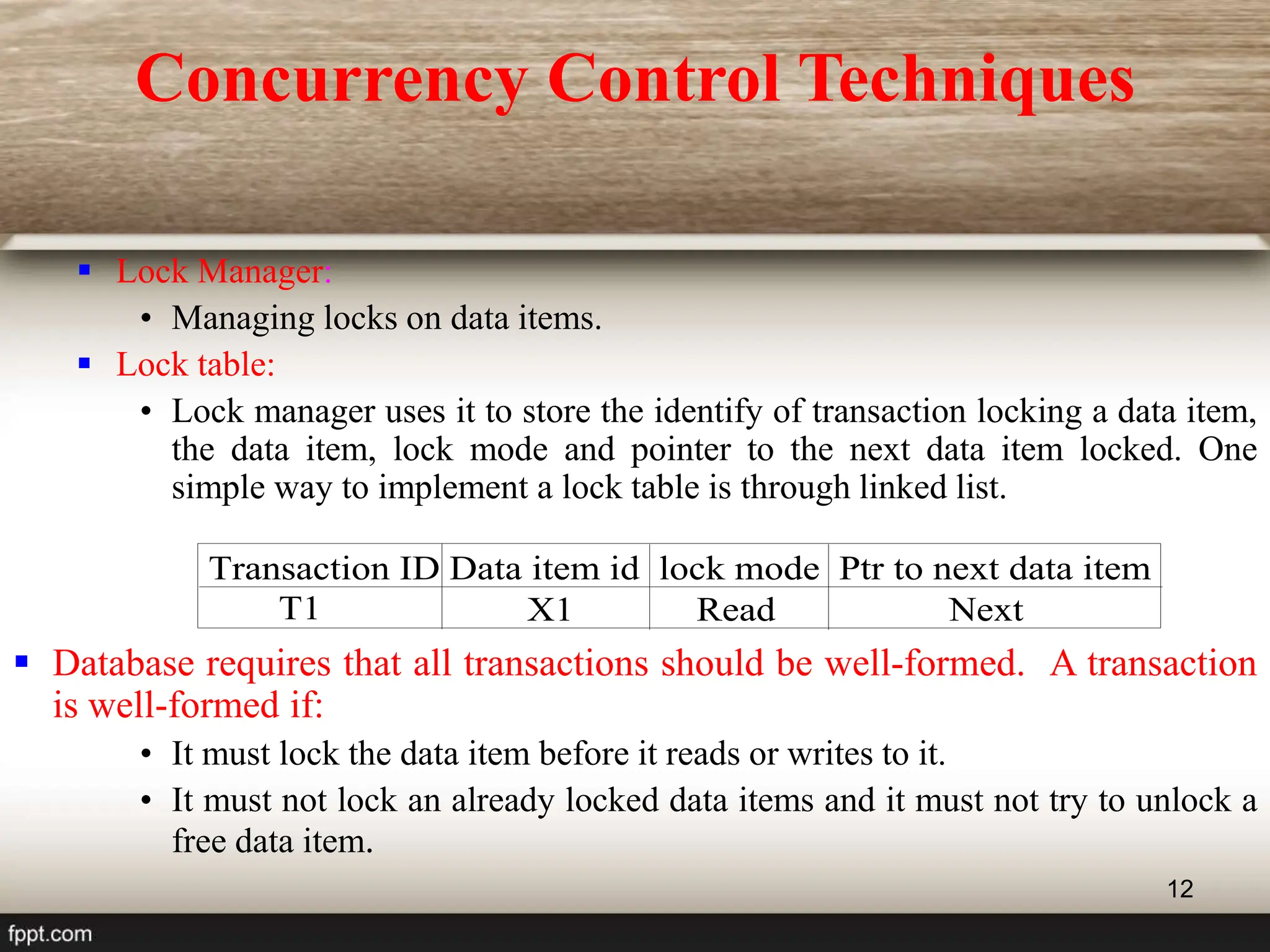 12
 Lock Manager:
• Managing locks on data items.
 Lock table:
• Lock manager uses it to store the identify of transaction locking a data item,
the data item, lock mode and pointer to the next data item locked. One
simple way to implement a lock table is through linked list.
T1
Transaction ID Data item id lock mode Ptr to next data item
Next
X1 Read
 Database requires that all transactions should be well-formed. A transaction
is well-formed if:
• It must lock the data item before it reads or writes to it.
• It must not lock an already locked data items and it must not try to unlock a
free data item.
Concurrency Control Techniques
 