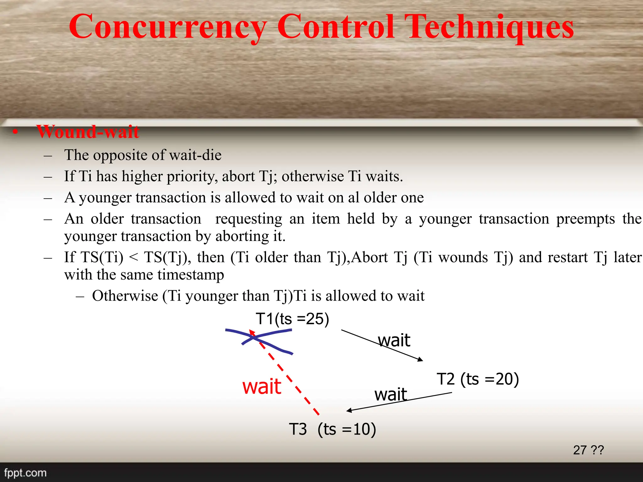 27 ??
• Wound-wait
– The opposite of wait-die
– If Ti has higher priority, abort Tj; otherwise Ti waits.
– A younger transaction is allowed to wait on al older one
– An older transaction requesting an item held by a younger transaction preempts the
younger transaction by aborting it.
– If TS(Ti) < TS(Tj), then (Ti older than Tj),Abort Tj (Ti wounds Tj) and restart Tj later
with the same timestamp
– Otherwise (Ti younger than Tj)Ti is allowed to wait
wait
wait
wait
T3 (ts =10)
T1(ts =25)
T2 (ts =20)
Concurrency Control Techniques
 